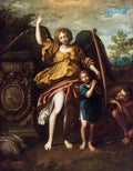 Pintura barroca de Domenichino Zampieri mostrando um anjo alado de vestes douradas e rosa, apontando para cima, protegendo uma criança em vestes azuis com as mãos em oração, enquanto uma figura demoníaca se esconde no canto inferior direito. O cenário é uma paisagem campestre com um céu dramático.