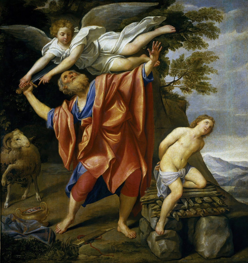 Pintura barroca de Domenichino mostrando um homem barbudo prestes a sacrificar um jovem, sendo impedido por um anjo. Ao lado, um carneiro e um altar. A composição é dramática e colorida, com tons de vermelho, azul e ocre.