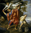 Pintura barroca de Domenichino mostrando um homem barbudo prestes a sacrificar um jovem, sendo impedido por um anjo. Ao lado, um carneiro e um altar. A composição é dramática e colorida, com tons de vermelho, azul e ocre.