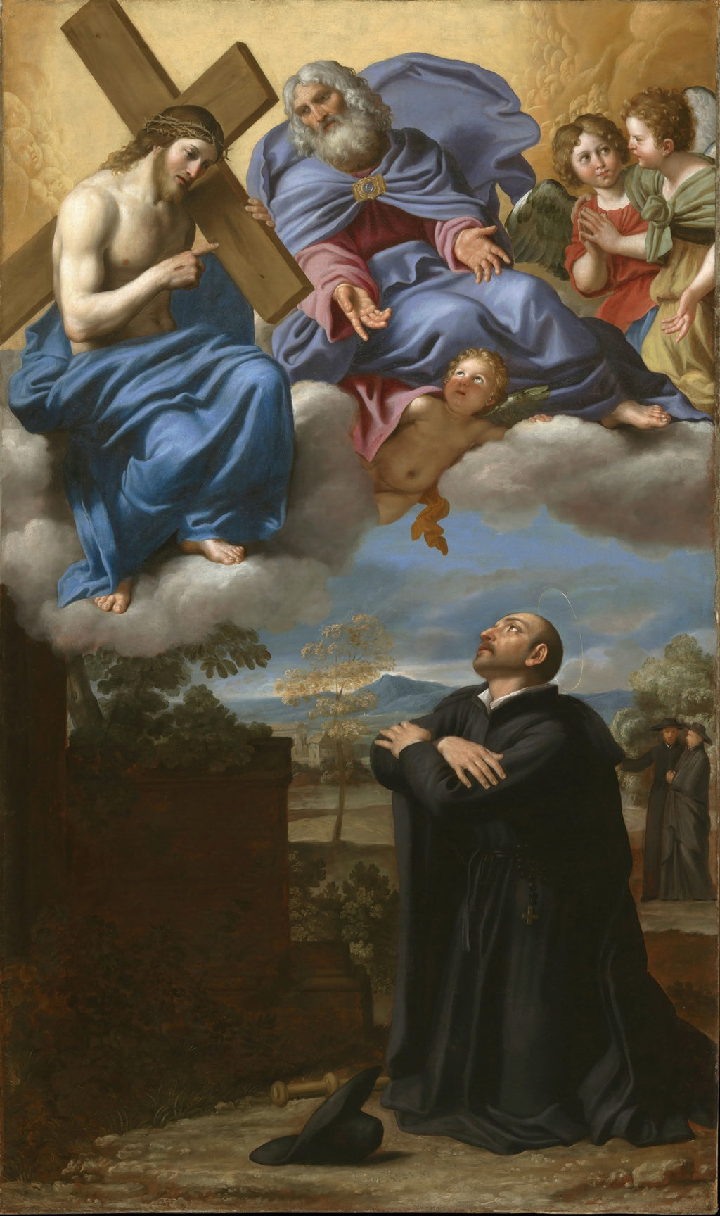 Quadro decorativo de Domenichino, 'A Visão de Santo Inácio de Loyola', representando a Santíssima Trindade e anjos acima de Santo Inácio ajoelhado, com paisagem ao fundo, em cores celestiais e terrosas.