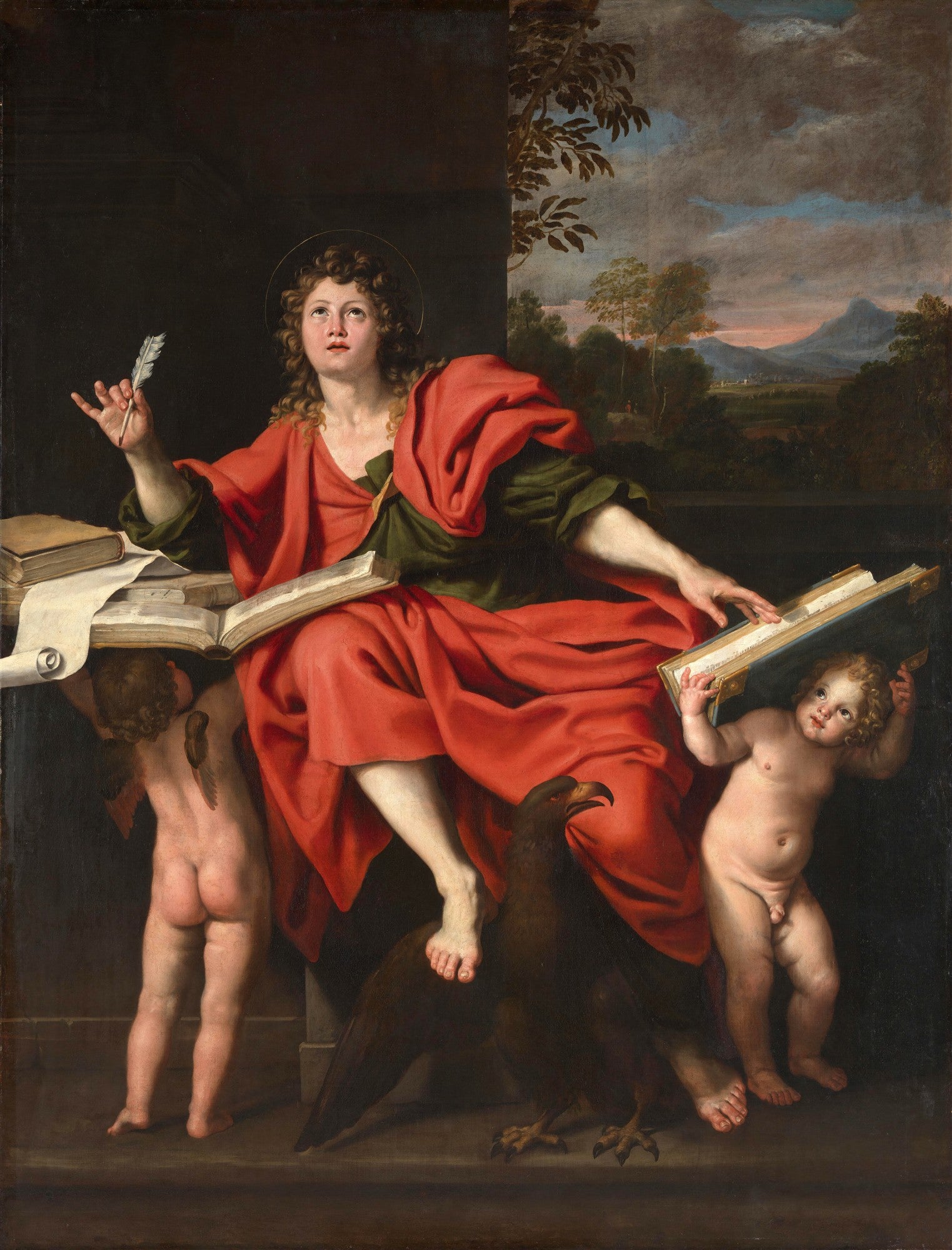 Quadro decorativo do São João Evangelista, pintado por Domenichino. A imagem apresenta São João com uma pena, olhando para o céu, acompanhado por um anjo e uma águia, em um cenário clássico.