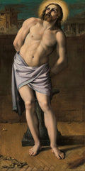Quadro decorativo 'Ecce Homo' de Domenichino Zampieri, Jesus Cristo com auréola, amarrado, olhando para cima com expressão de sofrimento e resignação, vestindo um pano púrpura na cintura. A cena se passa em um ambiente com arquitetura ao fundo e o chão de pedra.