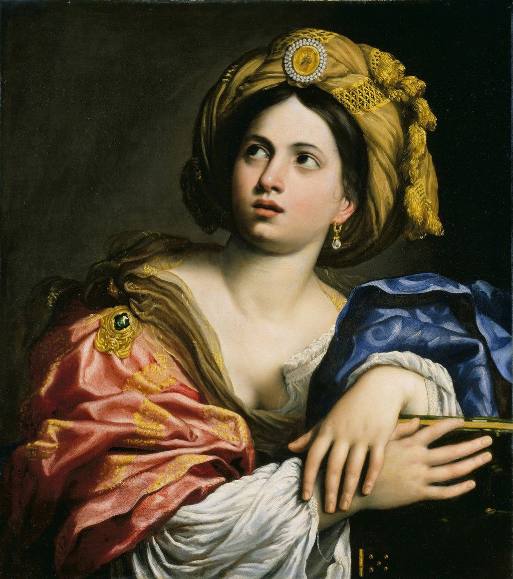 Retrato de busto de uma mulher jovem, a Sibila Persa, olhando para cima com expressão pensativa, usando um turbante dourado e vestes coloridas. Pintura a óleo de Domenichino Zampieri.