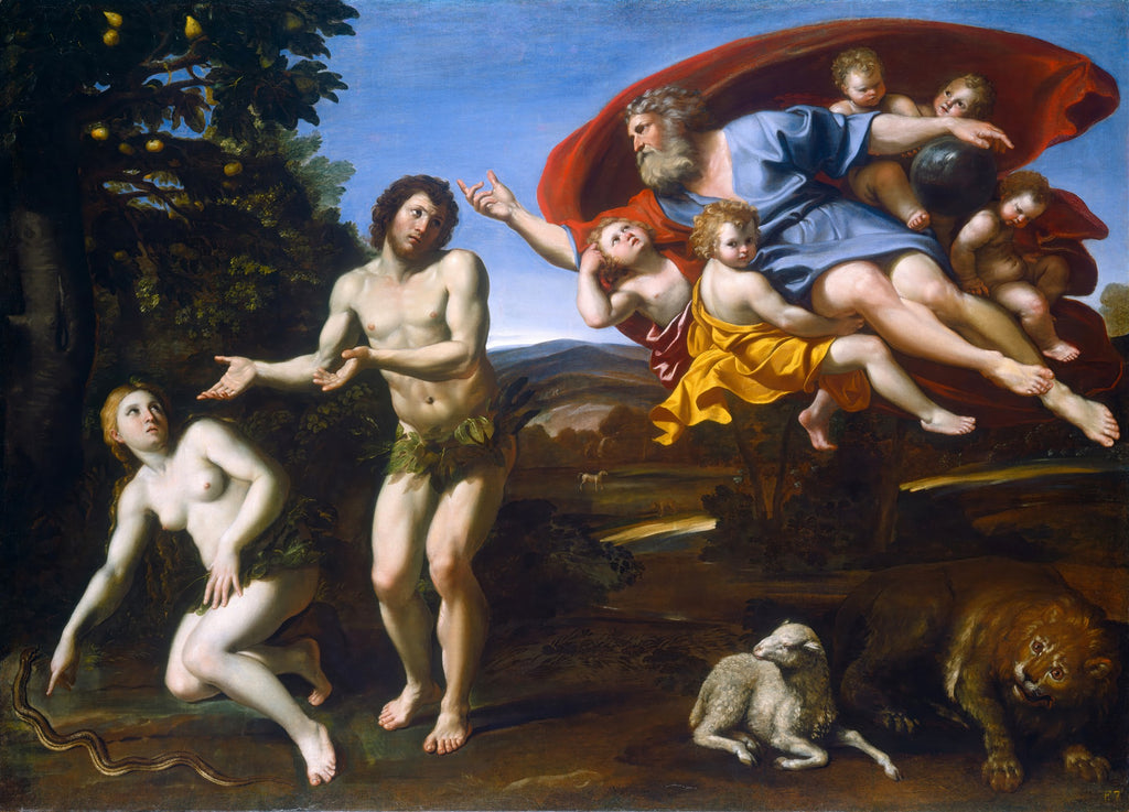 Quadro decorativo mostrando a obra 'A Expulsão do Paraíso' de Domenichino, com Adão e Eva no Éden, um Deus irado com anjos, uma serpente no chão, um leão e um cordeiro.