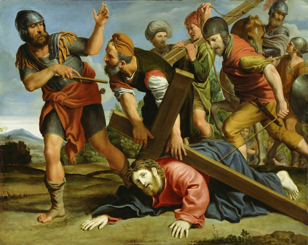 Pintura barroca de Domenichino, 'A Caminho do Calvário', mostrando Jesus Cristo caído sob a cruz, rodeado por soldados e figuras que o auxiliam ou o conduzem. Cena dramática e colorida com elementos da paisagem ao fundo.