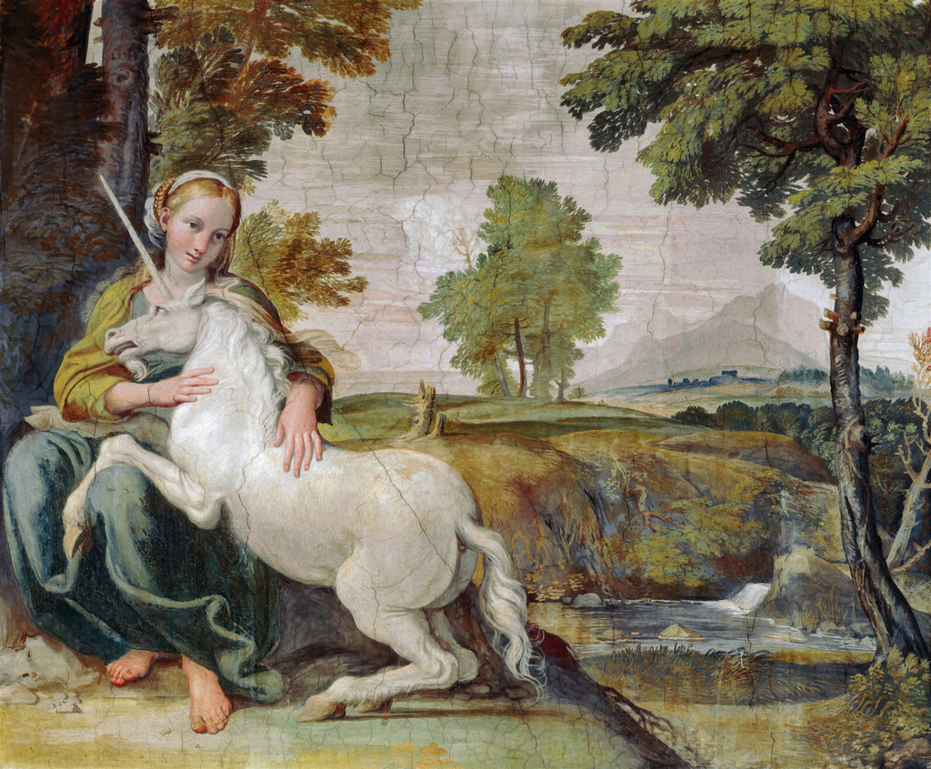 Quadro decorativo 'A Dama e o Unicórnio' de Domenichino. Jovem mulher sentada abraçando um unicórnio branco em paisagem idílica e verdejante.