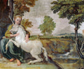 Quadro decorativo 'A Dama e o Unicórnio' de Domenichino. Jovem mulher sentada abraçando um unicórnio branco em paisagem idílica e verdejante.