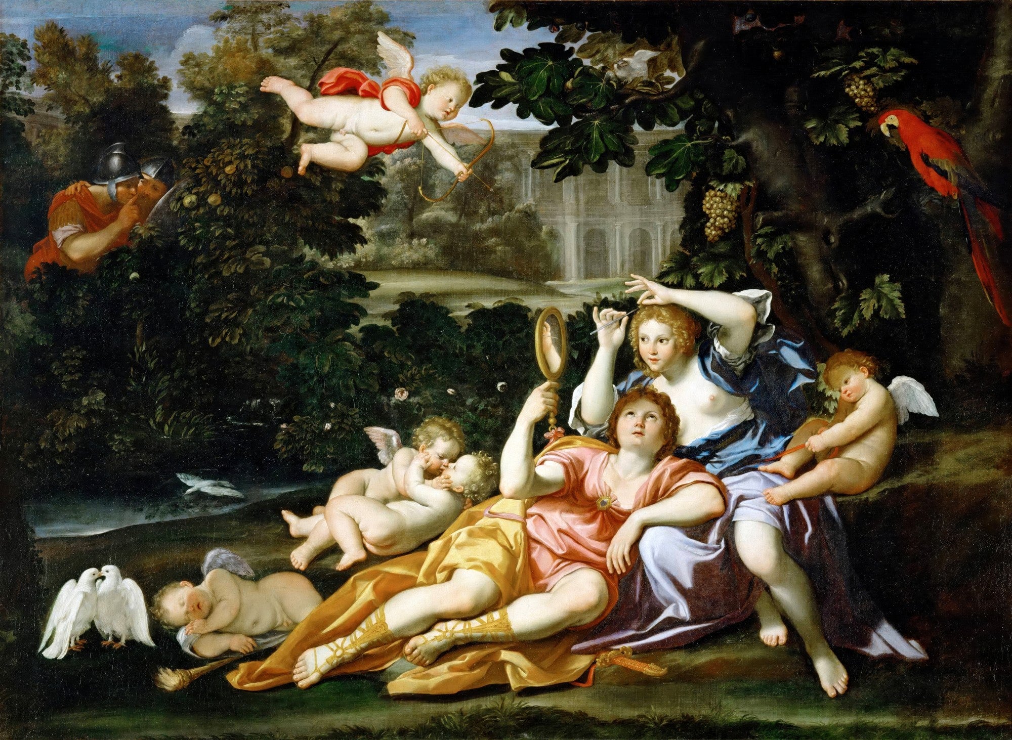 Quadro decorativo "A Toilette de Vênus" de Domenichino, representando Vênus e cupidos em um jardim luxuriante, com um soldado espiando e um papagaio vermelho.