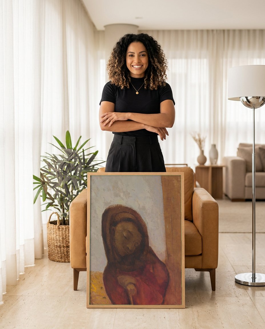 Quadro Decorativo A Virgem - Odilon Redon com modelo em ambiente