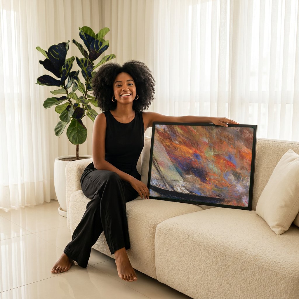 Quadro Decorativo A Barca - Odilon Redon com modelo em ambiente