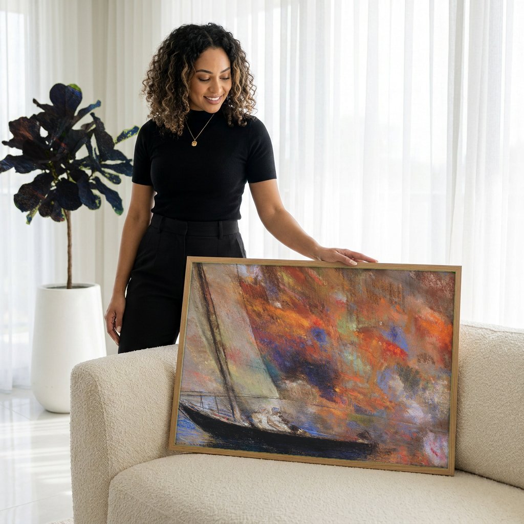Quadro Decorativo A Barca - Odilon Redon com modelo em ambiente