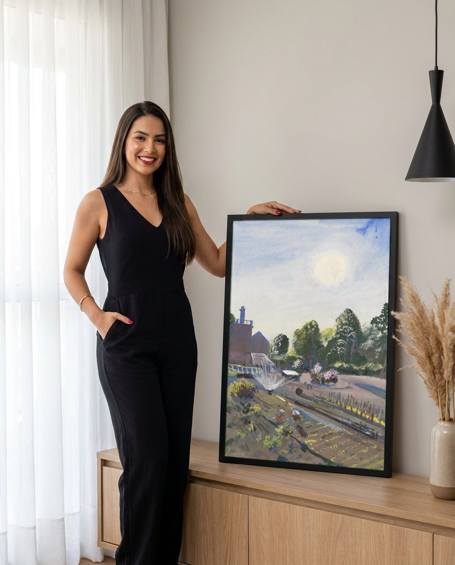 Quadro Decorativo Jardins com Irrigador - Oskar Laske com modelo em ambiente