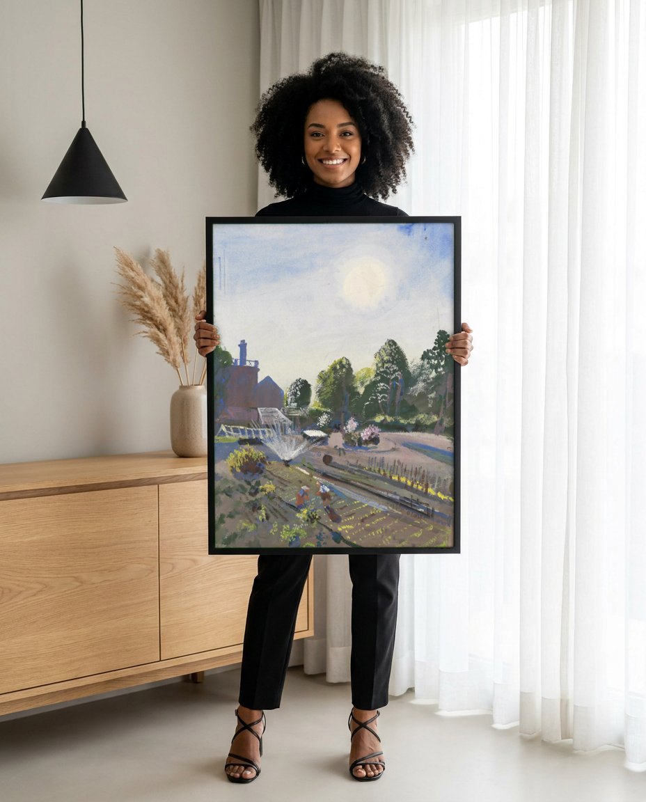 Quadro Decorativo Jardins com Irrigador - Oskar Laske com modelo em ambiente