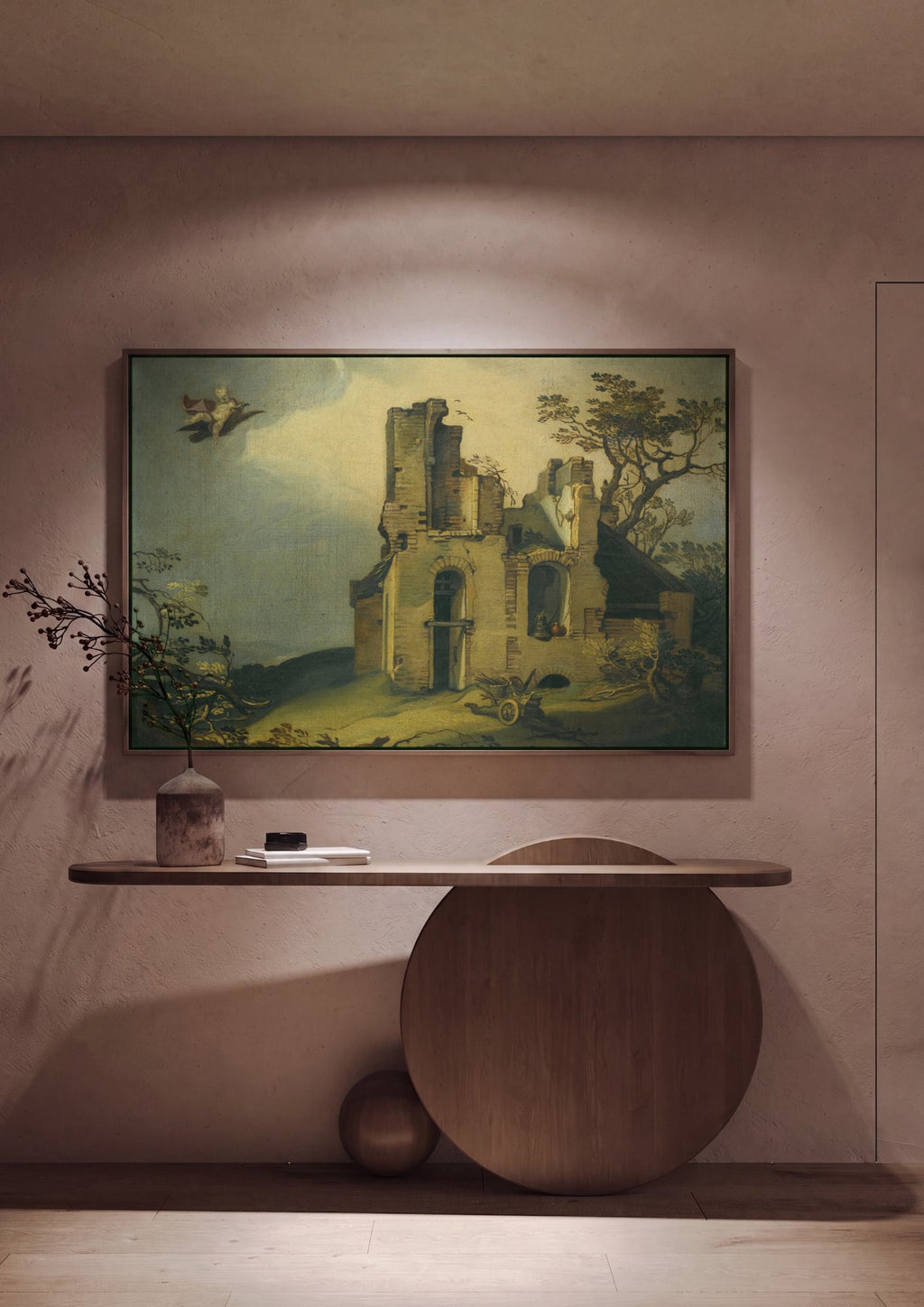 Quadro Decorativo Ruínas com Anjo Voador - Abraham Bloemaert em ambiente decorado