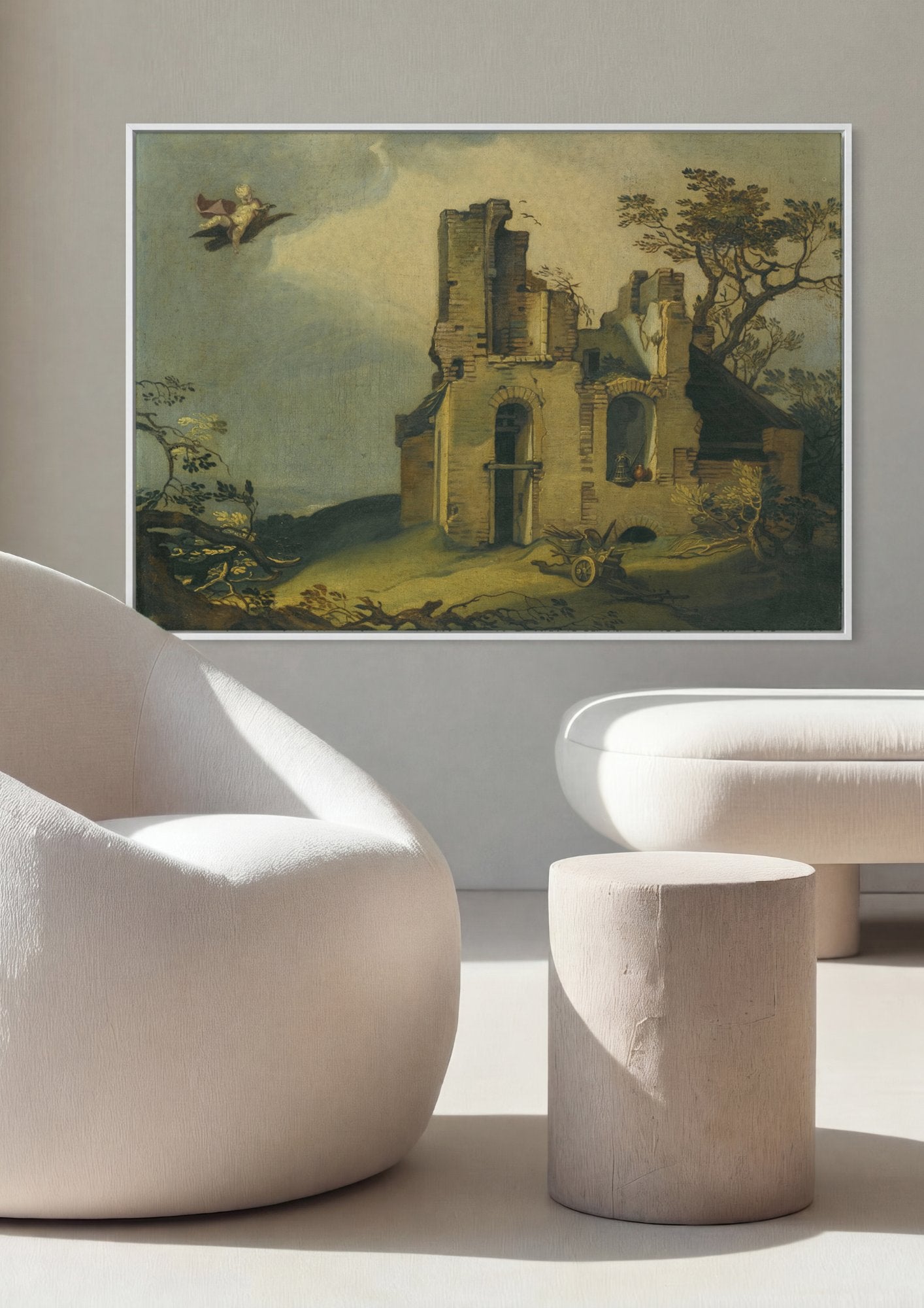 Quadro Decorativo Ruínas com Anjo Voador - Abraham Bloemaert em ambiente decorado