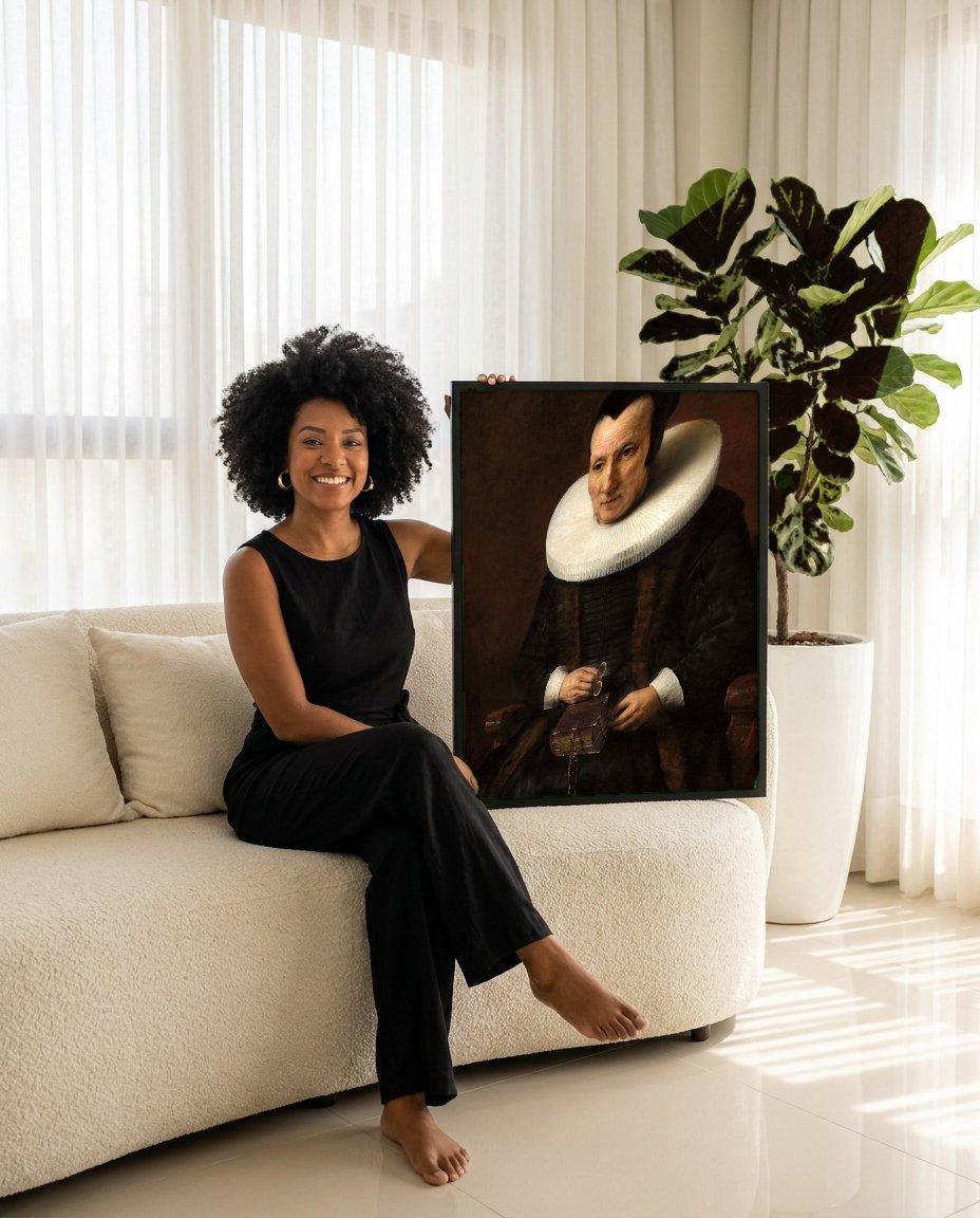 Quadro Decorativo Retrato de Mulher Idosa - Rembrandt com modelo em ambiente