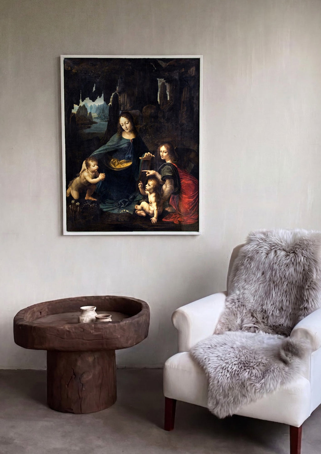 Quadro Decorativo A Virgem dos Rochedos - Da Vinci em ambiente decorado