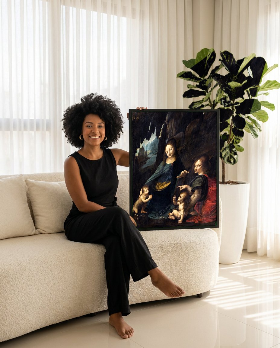 Quadro Decorativo A Virgem dos Rochedos - Da Vinci com modelo em ambiente