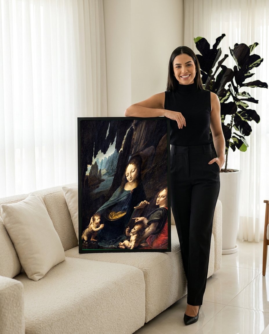 Quadro Decorativo A Virgem dos Rochedos - Da Vinci com modelo em ambiente