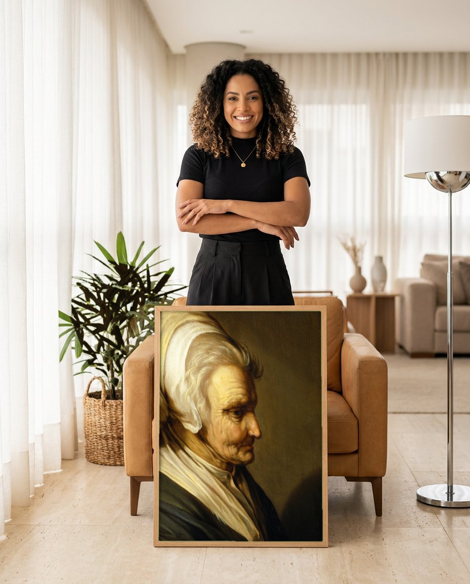 Quadro Decorativo Retrato de Mulher Idosa - Abraham Bloemaert com modelo em ambiente