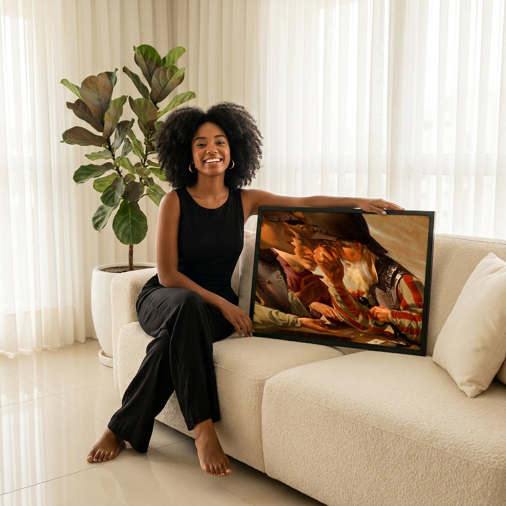 Quadro Decorativo Os Jogadores de Dados - Hendrick ter Brugghen com modelo em ambiente