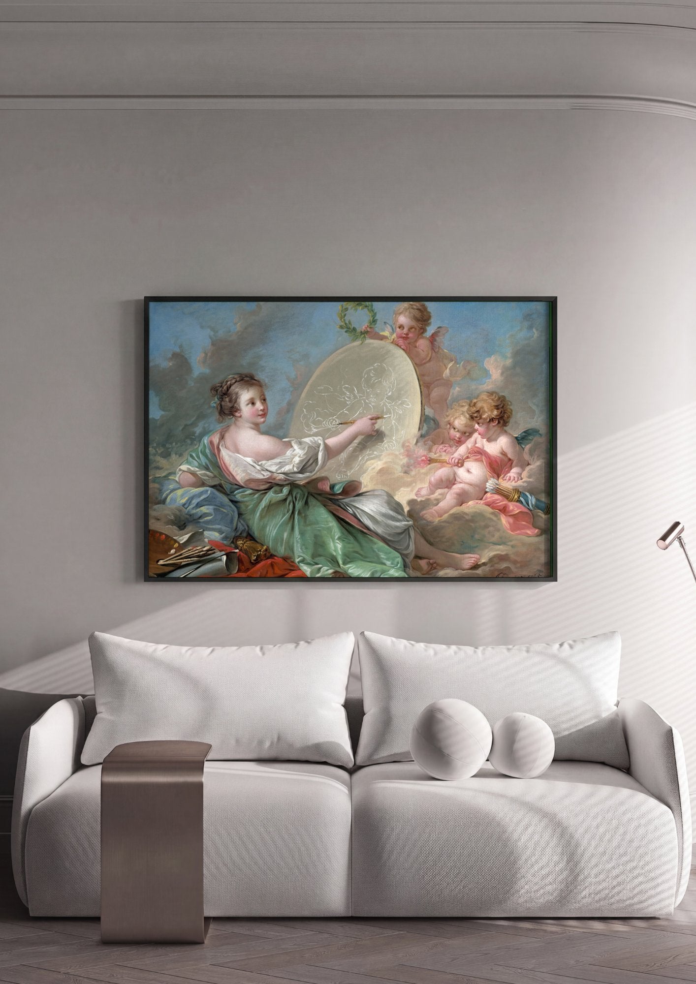 Quadro Decorativo A Pintora e os Cupidos - François Boucher em ambiente decorado