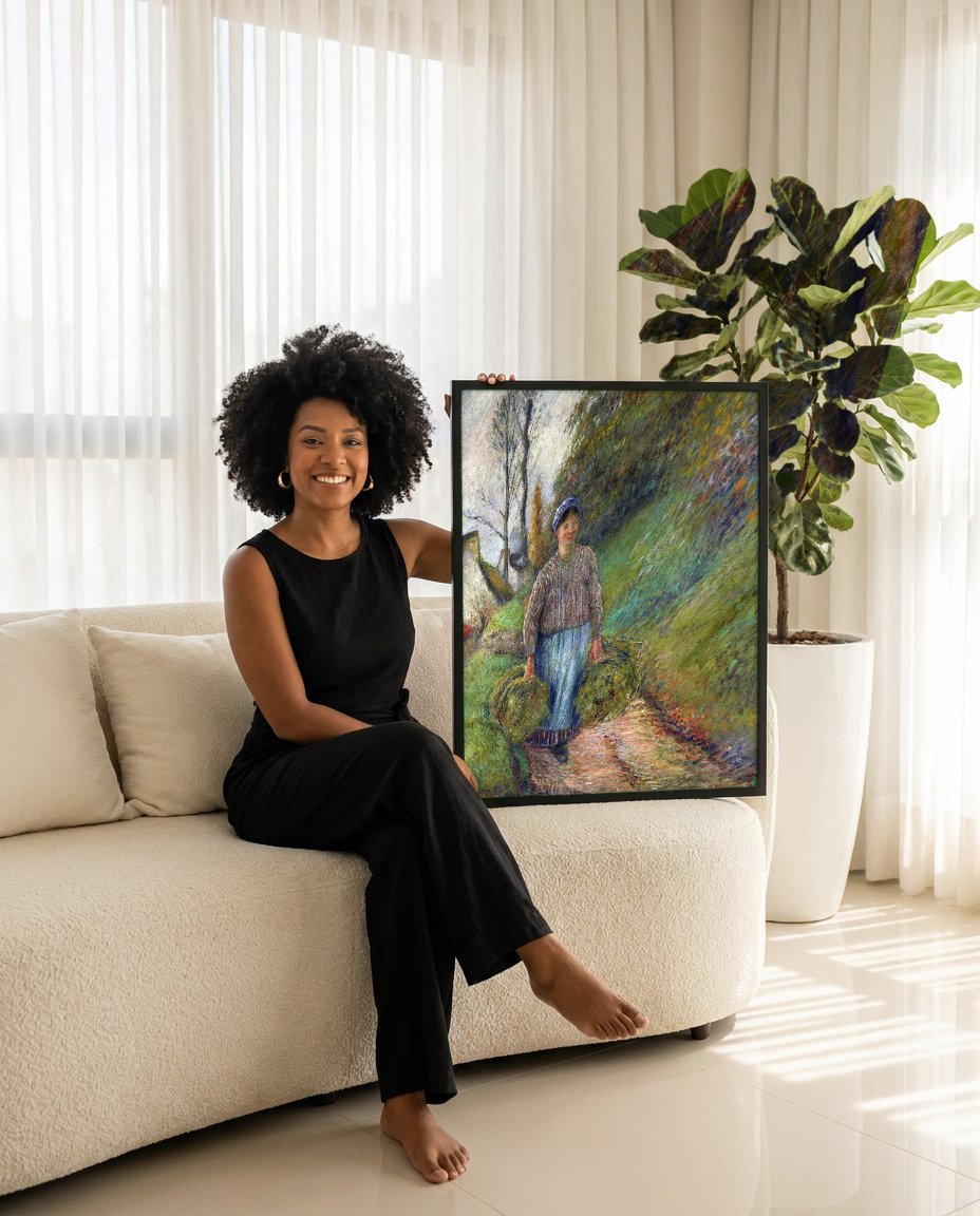 Quadro Decorativo A Camponesa com Fardos de Feno - Pissarro com modelo em ambiente