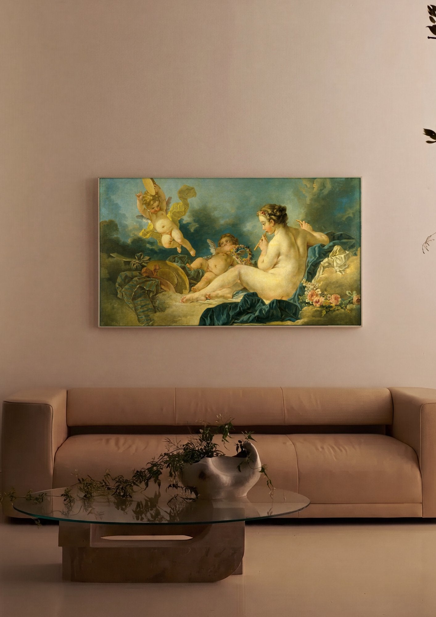 Quadro Decorativo A Flautista e Cupidos - François Boucher em ambiente decorado