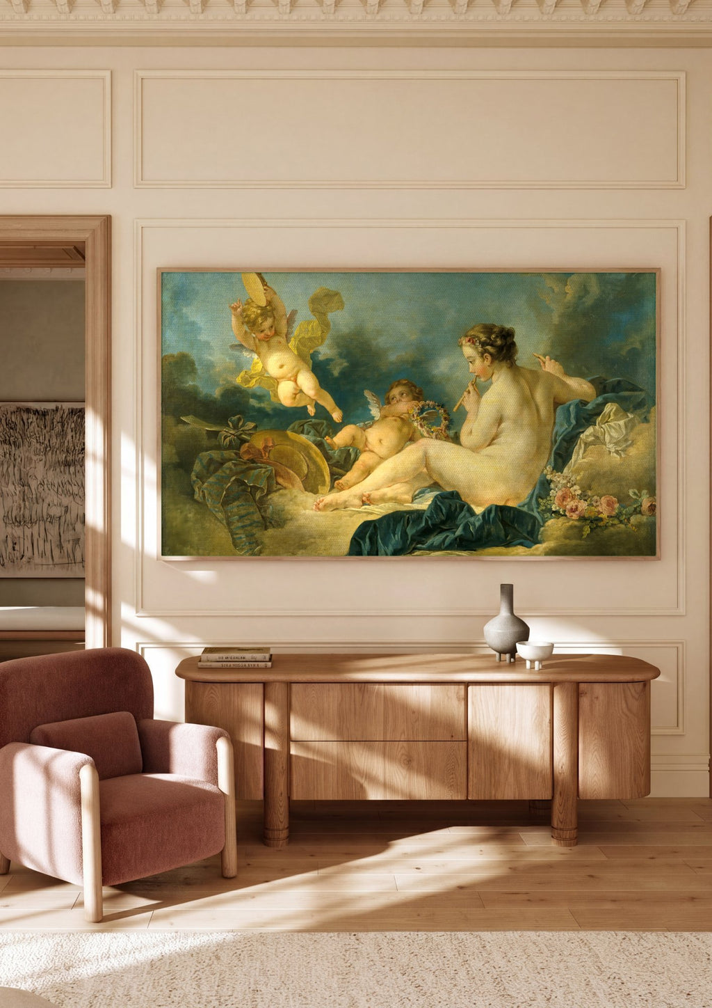 Quadro Decorativo A Flautista e Cupidos - François Boucher em ambiente decorado