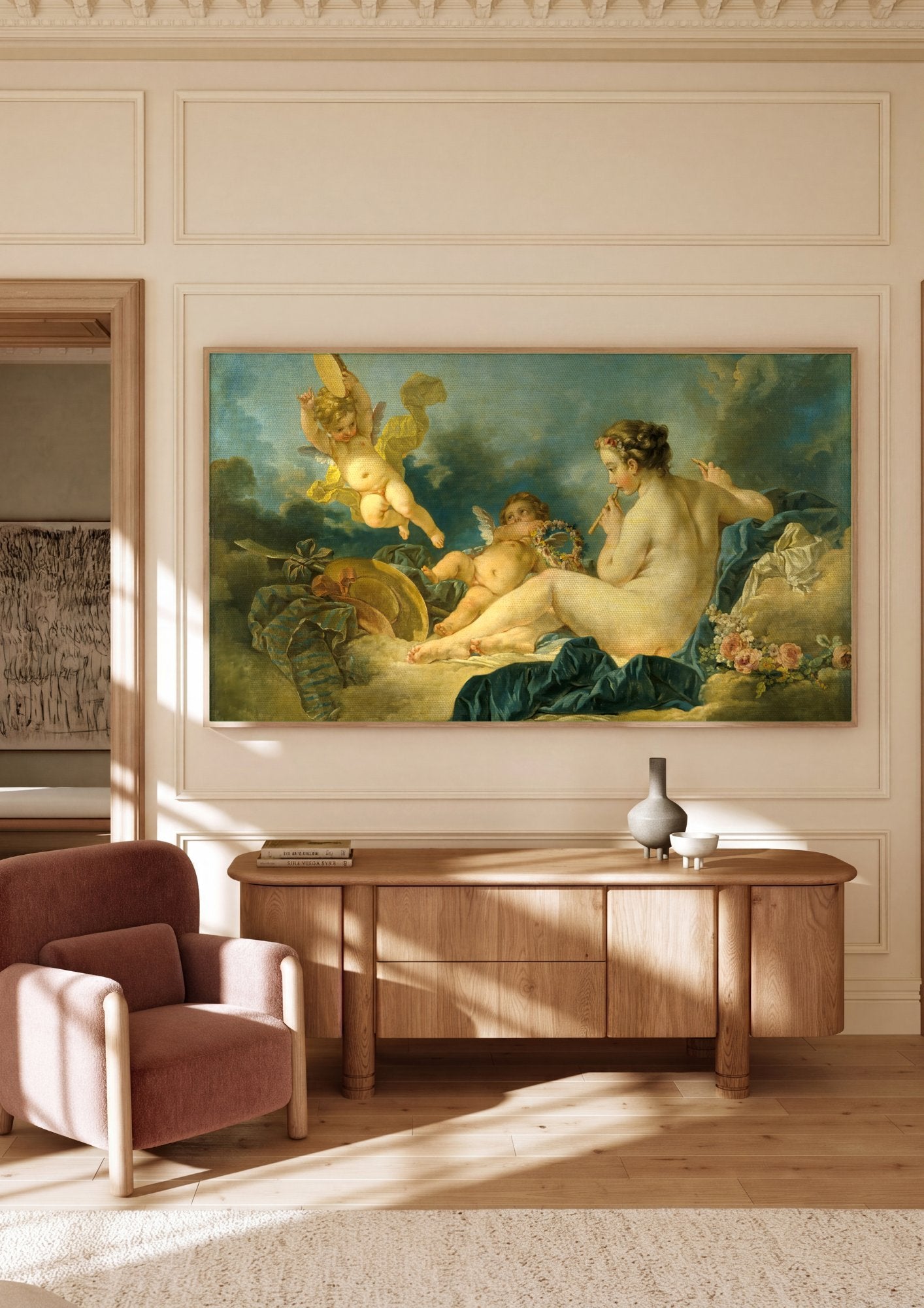 Quadro Decorativo A Flautista e Cupidos - François Boucher em ambiente decorado