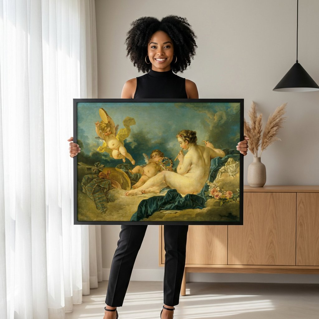 Quadro Decorativo A Flautista e Cupidos - François Boucher com modelo em ambiente