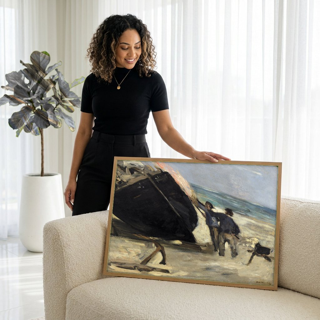 Quadro Decorativo A Queima do Barco - Edouard Manet com modelo em ambiente
