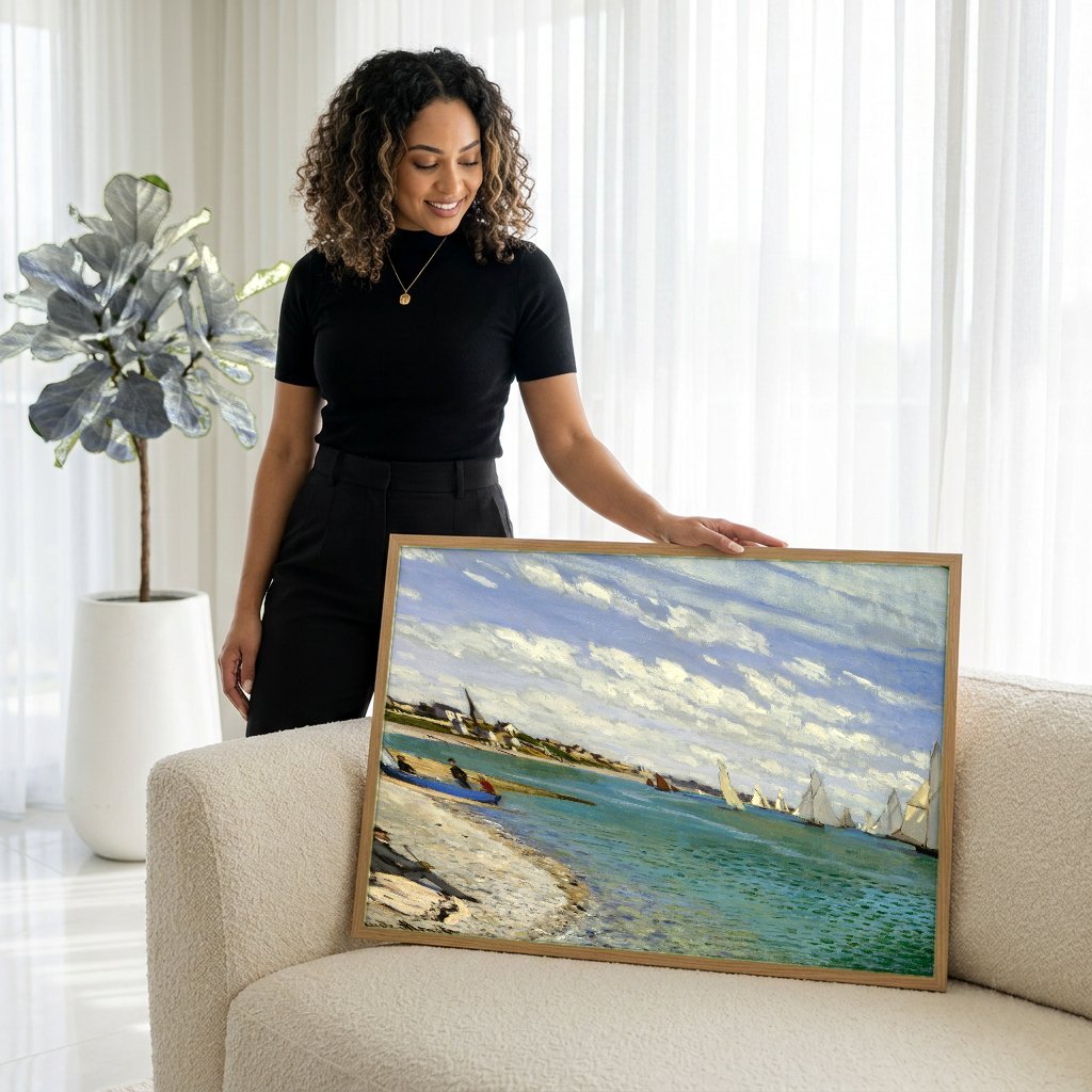 Quadro Decorativo A Praia de Sainte-Adresse - Claude Monet com modelo em ambiente