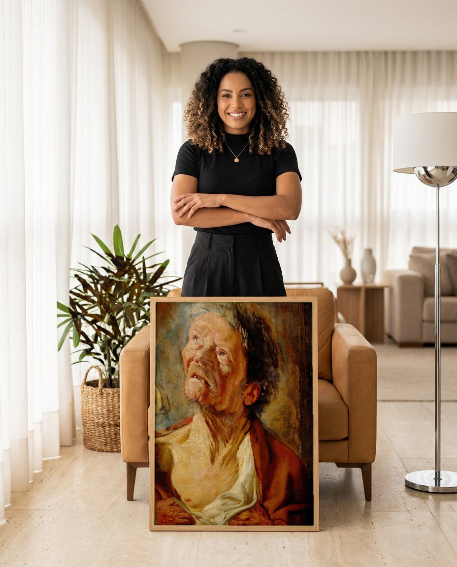 Quadro Decorativo A Cabeça de São Pedro - Jacob Jordaens com modelo em ambiente