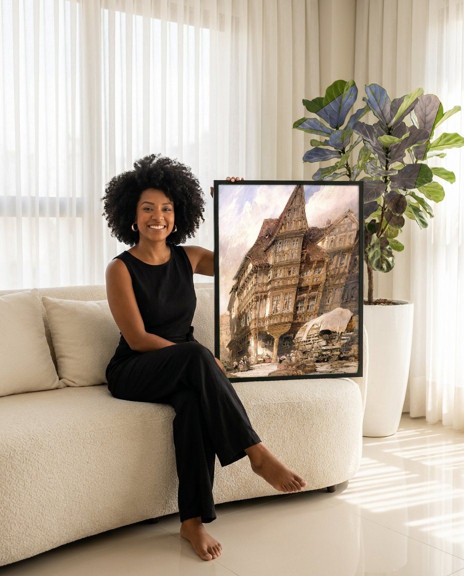 Quadro Decorativo Casas de Nuremberga - Dürer com modelo em ambiente