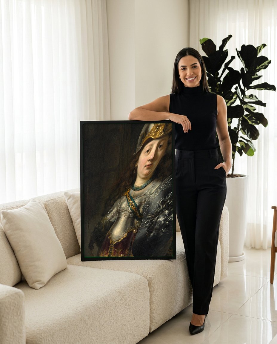 Quadro Decorativo Minerva em sua Armadura - Rembrandt com modelo em ambiente