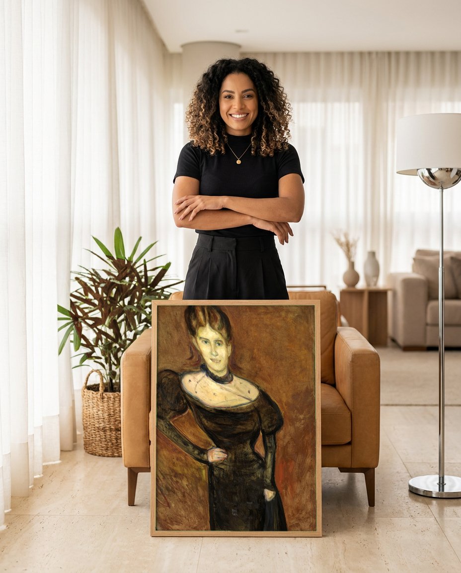 Quadro Decorativo Retrato de Mulher - Edvard Munch com modelo em ambiente