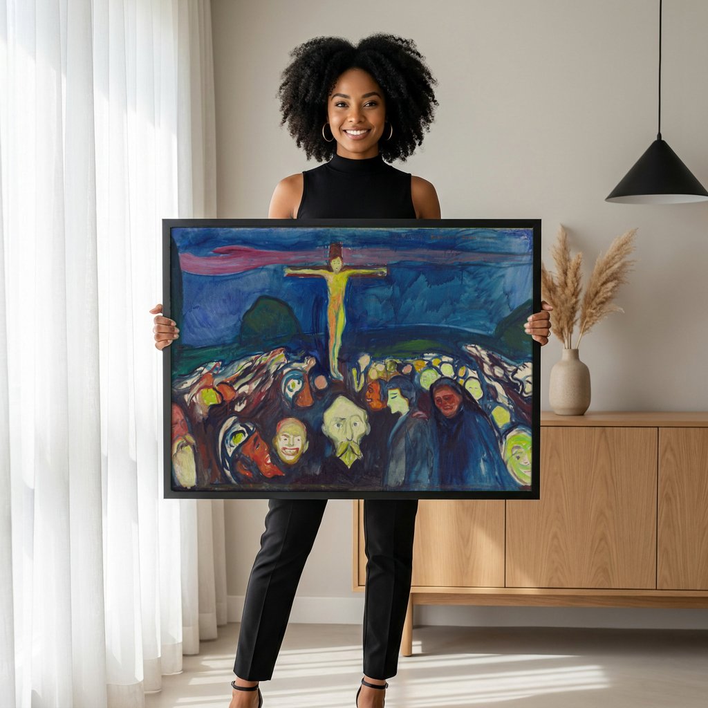 Quadro Decorativo Jesus Crucificado - Edvard Munch com modelo em ambiente