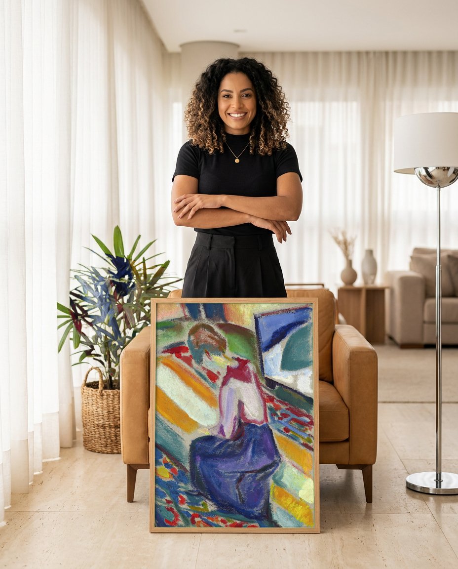 Quadro Decorativo A Mesa de Costura - Edvard Munch com modelo em ambiente