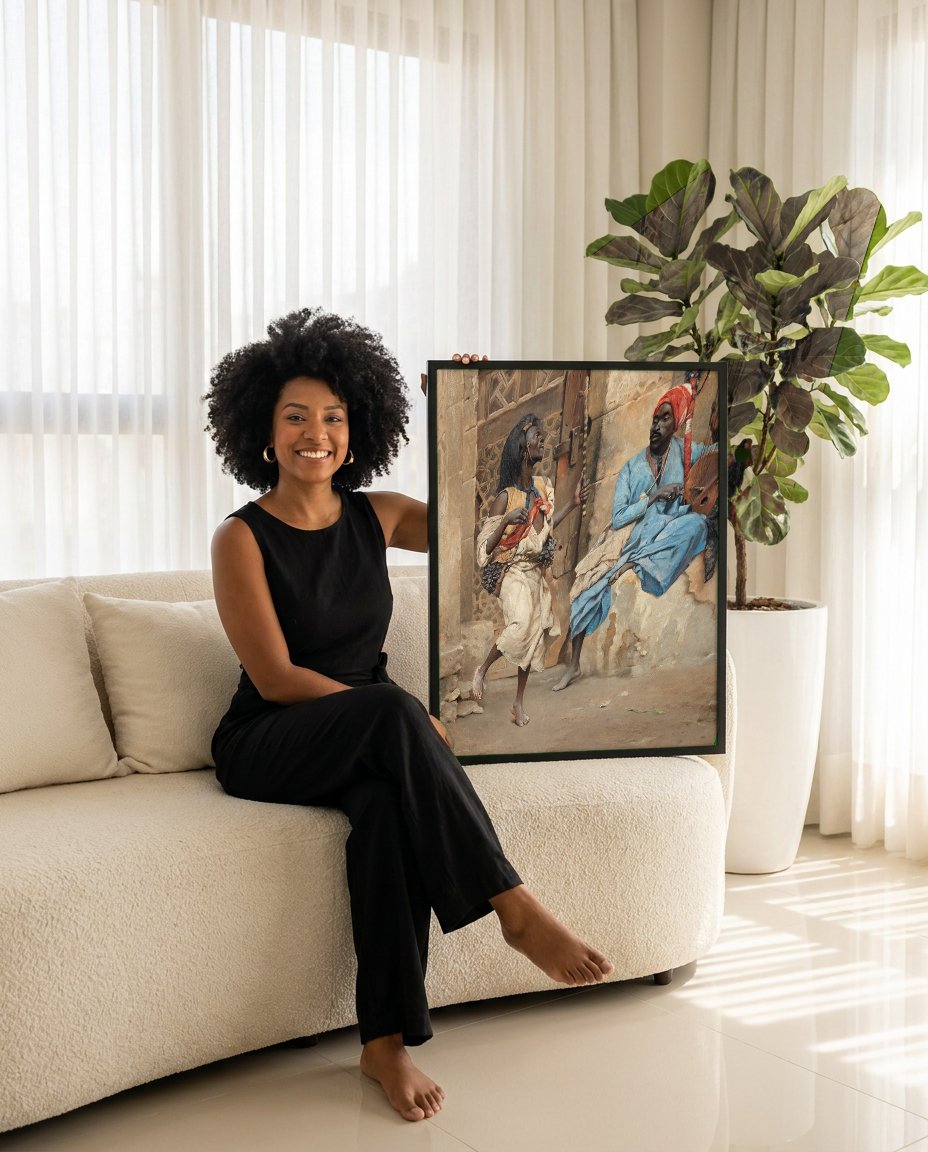 Quadro Decorativo Músicos Errantes - Ludwig Deutsch com modelo em ambiente