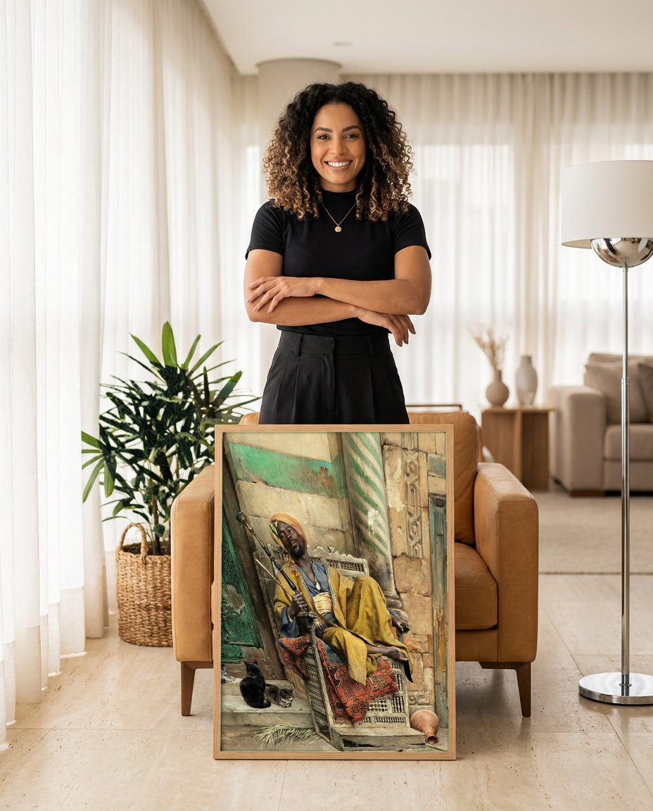 Quadro Decorativo O Shisha Fumante - Ludwig Deutsch com modelo em ambiente
