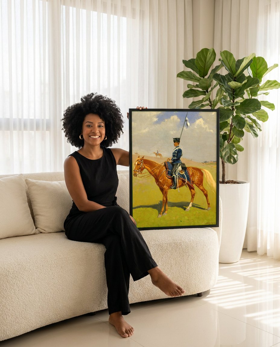 Quadro Decorativo O Lanceiro – Frederic Remington | modelo apresentando o quadro emoldurado