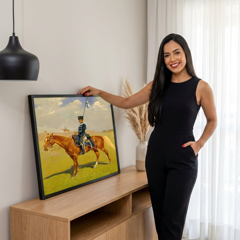Quadro Decorativo O Lanceiro – Frederic Remington | modelo apresentando o quadro emoldurado