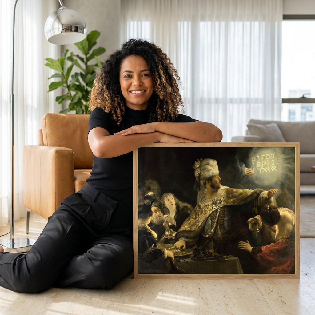 Quadro Decorativo A Festa de Baltazar - Rembrandt | modelo apresentando o quadro emoldurado