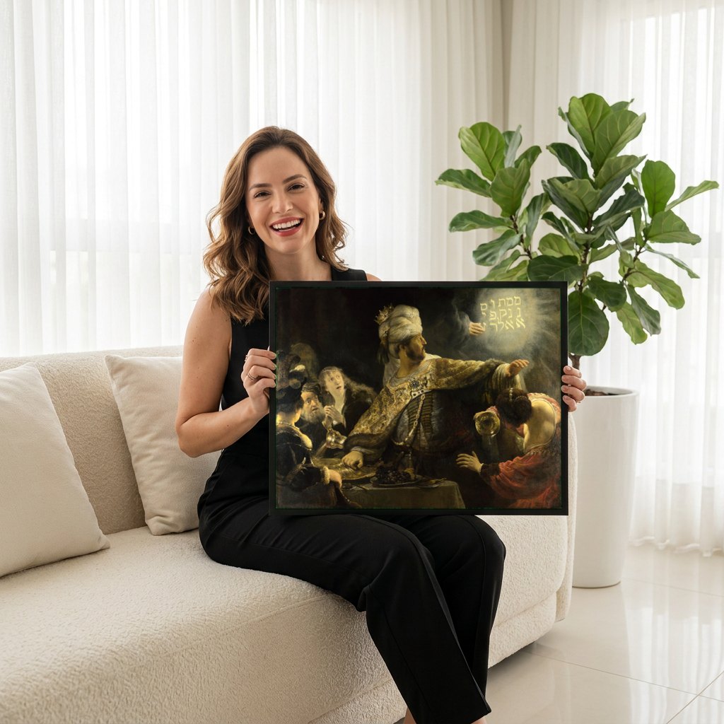 Quadro Decorativo A Festa de Baltazar - Rembrandt | modelo apresentando o quadro emoldurado