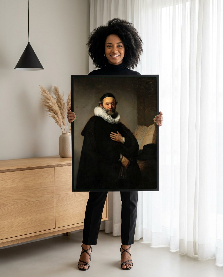 Quadro Decorativo Retrato de um Homem - Rembrandt | modelo apresentando o quadro emoldurado