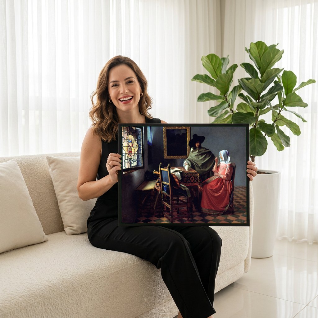 Quadro Decorativo O Encontro - Johannes Vermeer | modelo apresentando o quadro emoldurado