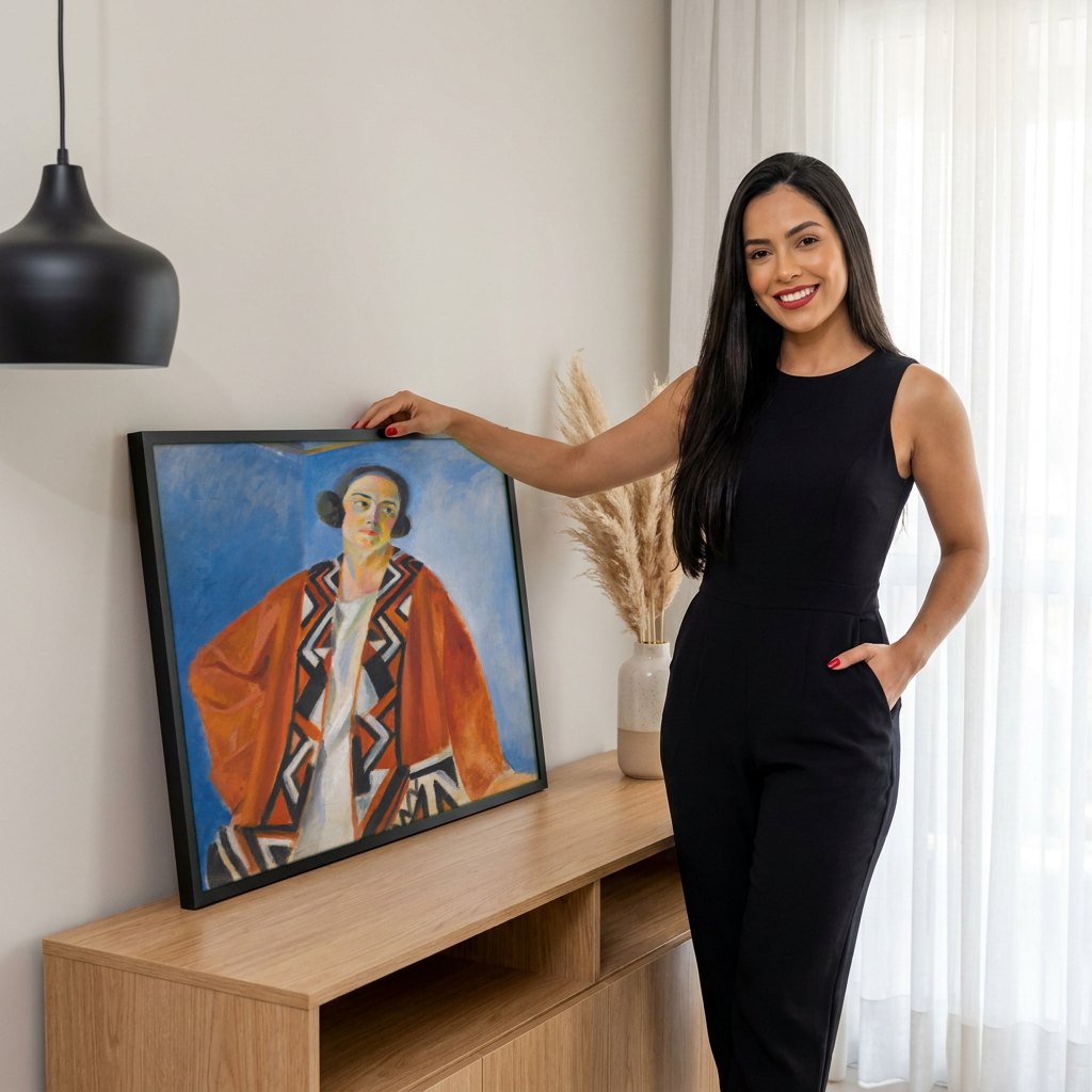 Quadro Decorativo A Senhora em Laranja e Azul - Robert Delaunay | modelo apresentando o quadro emoldurado