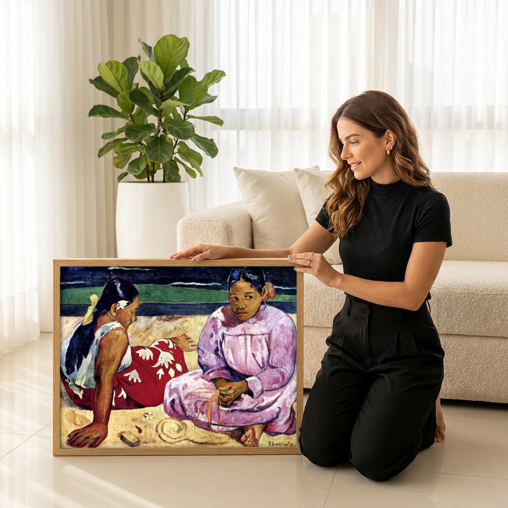 Quadro Decorativo Tahitian Women on the Beach - Gauguin | modelo apresentando o quadro emoldurado