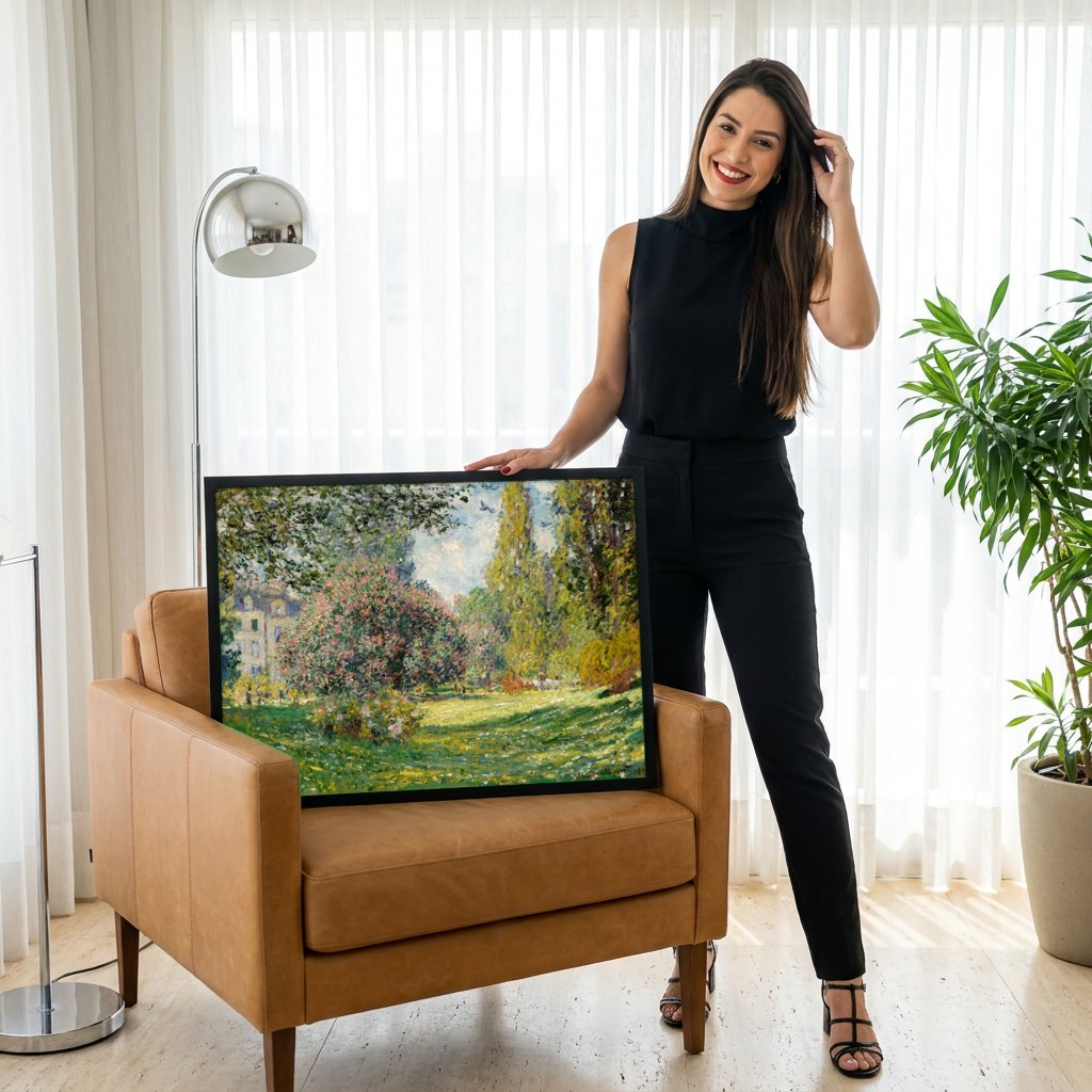 Quadro Decorativo Jardim de Monet - Claude Monet | modelo apresentando o quadro emoldurado